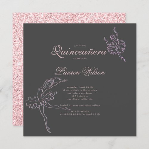 Rose Gold and glitter Ballet Quinceanera Invitation