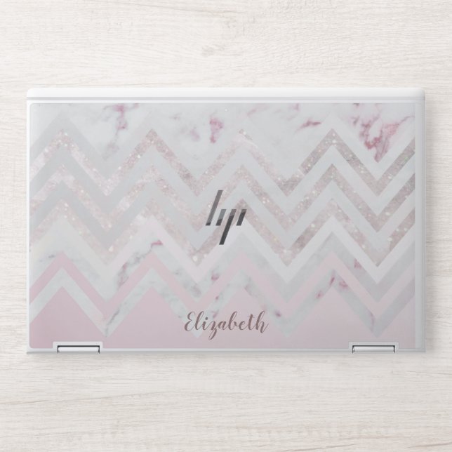Rose gold and glitter chevron pink marble monogram HP laptop skin (Front)