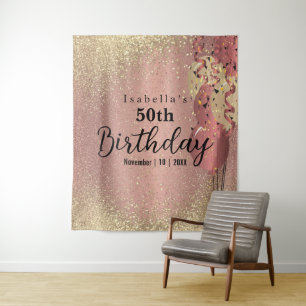 Rose Gold and Gold Glitter Birthday   Tapestry