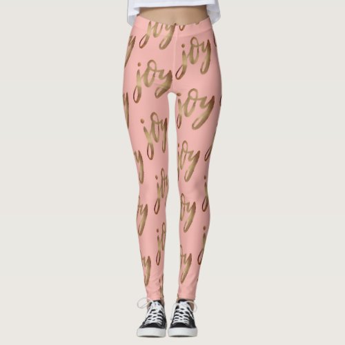 Rose Gold and Gold Joy Script Christmas  Leggings