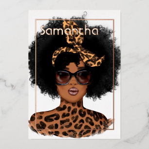 Rose Gold and Gold Leopard Afro Birthday Party Foil Invitation