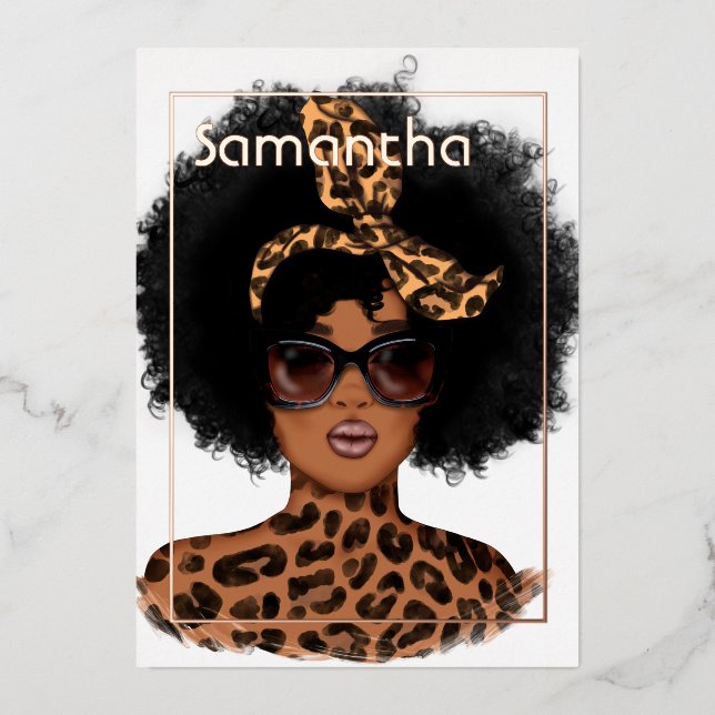 Rose Gold and Gold Leopard Afro Birthday Party Foil Invitation (Front)