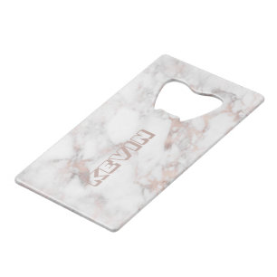 Rose-gold and gray faux marble credit card bottle opener