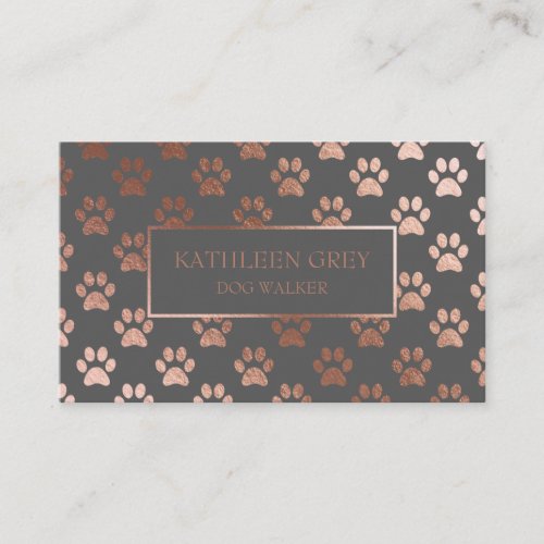 Rose Gold And Gray Paw Print Pattern  Dog Walker Business Card