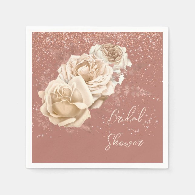 Rose Gold and Ivory Rose Elegant Bridal Shower Napkins (Front)