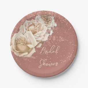 Rose Gold and Ivory Rose Elegant Bridal Shower Paper Plates