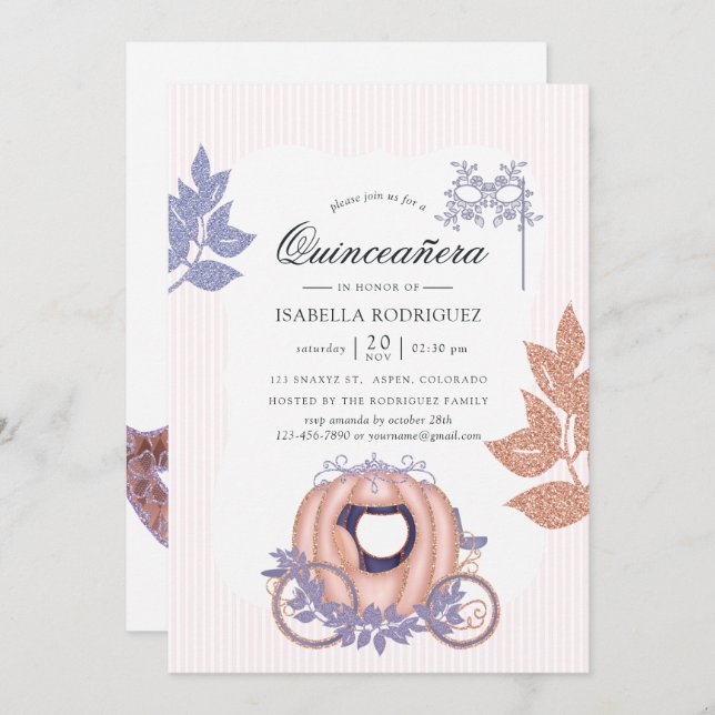 Rose Gold and Lilac Glitter Princess Quinceañera Invitation (Front/Back)