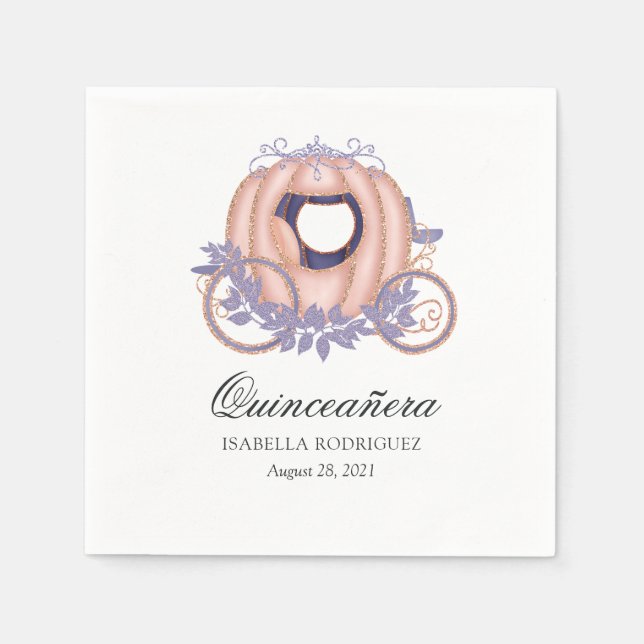 Rose Gold and Lilac Glitter Princess Quinceañera Napkins (Front)