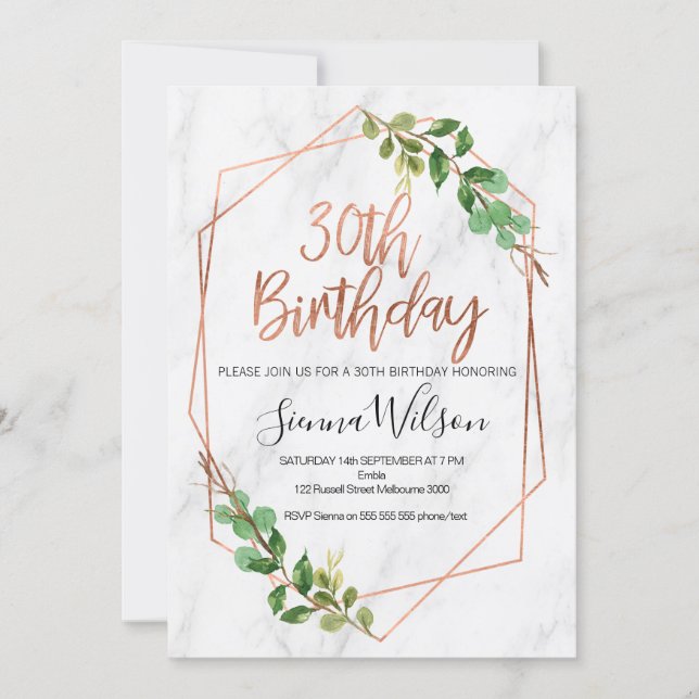 Rose gold and marble 30th Birthday invitation (Front)