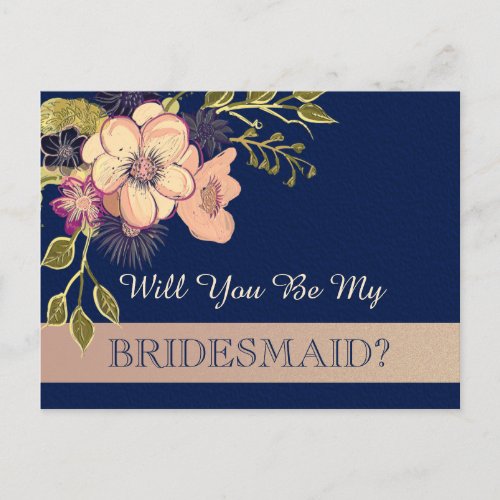 Rose Gold and Navy Blue Bridesmaid Proposal Card
