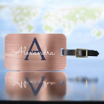 Rose Gold and Navy Blue Brushed Metal Monogram Luggage Tag<br><div class="desc">Rose Gold - Blush Pink and Navy Blue Brushed Metal Foil Monogram Name and Initial Luggage Tag. This bag tag is perfect for Back to School,  Work,  or Traveling.</div>
