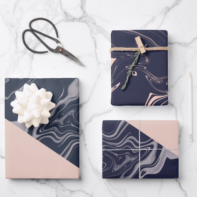 Rose gold and navy blue Christmas Wrapping Paper Sheets (Front)