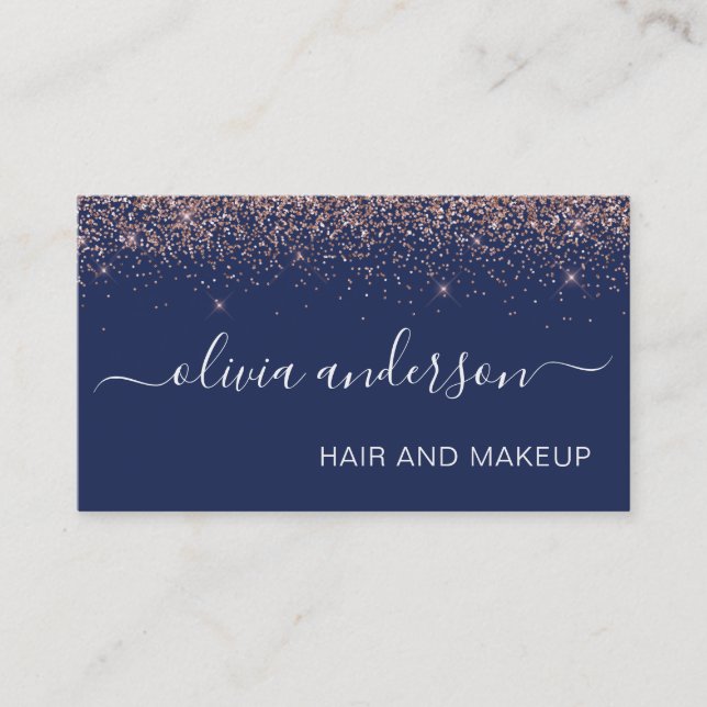 Rose Gold and Navy Blue Glitter Hair Makeup Salon Business Card (Front)