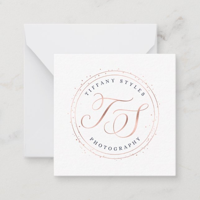 Rose Gold and Navy Blue Initials Company Logo Note Card (Front)