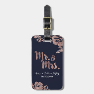 Rose Gold and Navy Blue Mr. and Mrs. Floral Luggage Tag