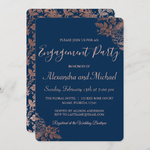 Rose Gold and Navy Blue Roses Engagement Party Invitation
