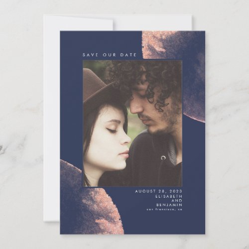 Rose Gold and Navy Blue Save the Date Photo