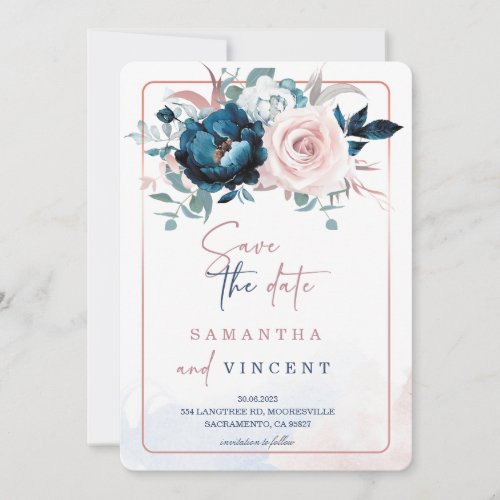 Rose Gold and Navy Blue Save the Date Template