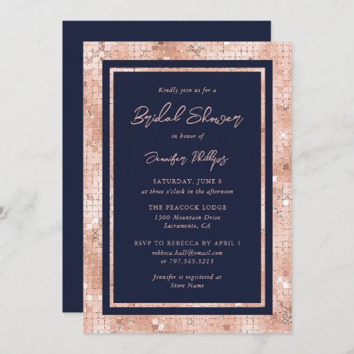 Rose Gold and Navy Blue Script Bridal Shower Invitation