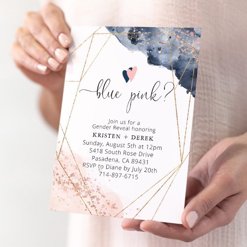 Rose Gold and Navy Blue Watercolor Gender Reveal  Invitation