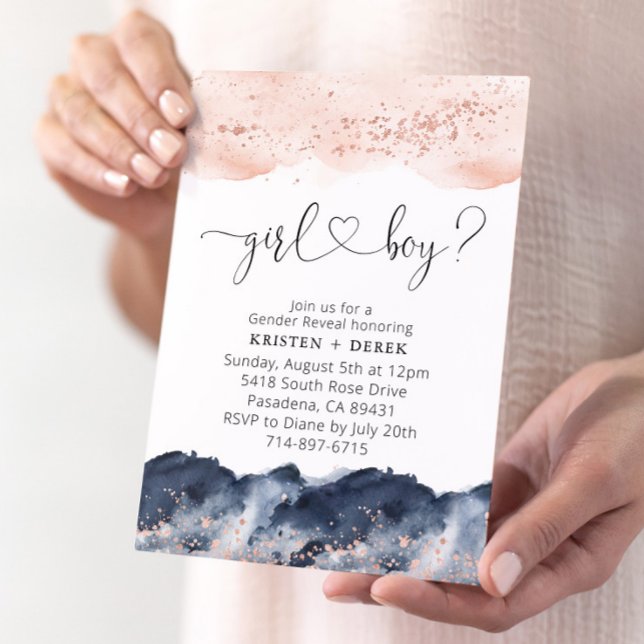 Rose Gold and Navy Blue Watercolor Gender Reveal Invitation (Creator Uploaded)