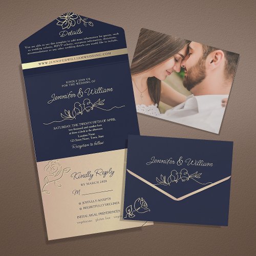 Rose Gold and Navy Blue Wedding All In One Invitation