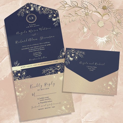Rose Gold and Navy Blue Wedding All In One Invitation