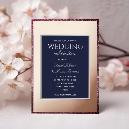 Rose Gold and Navy Blue Wedding Foil Invitation