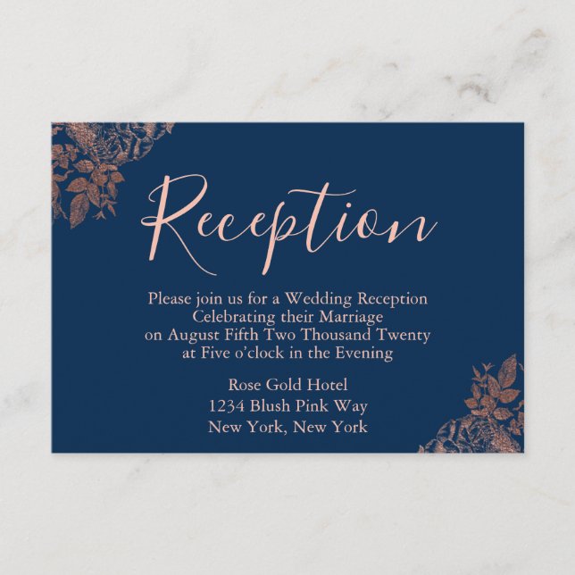 Rose Gold and Navy Blue Wedding Reception Enclosure Card (Front)