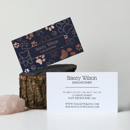 Rose Gold And Navy Dog Walker Paw Print Business Card