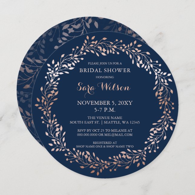 rose gold and navy Floral Bridal Shower Invitation (Front/Back)