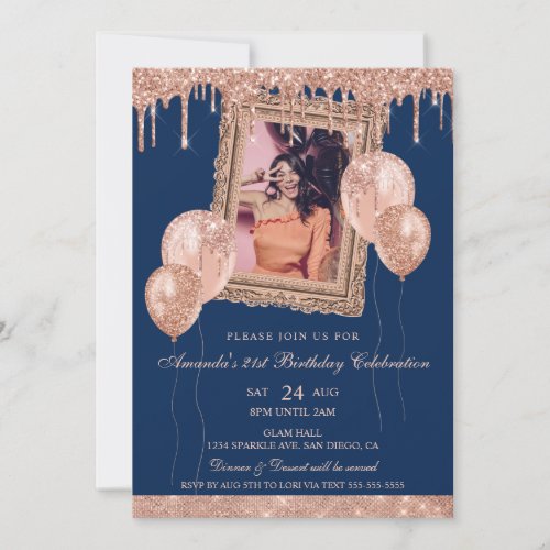 Rose Gold and Navy Glitter Drip Photo Frame Invitation
