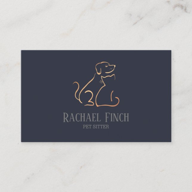 Rose Gold And Navy Modern Minimalist Pet Sitter Business Card (Front)