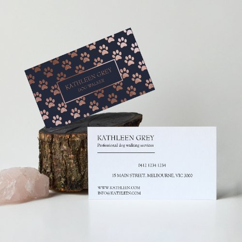 Rose Gold And Navy Paw Print Pattern  Pet Groomer Business Card