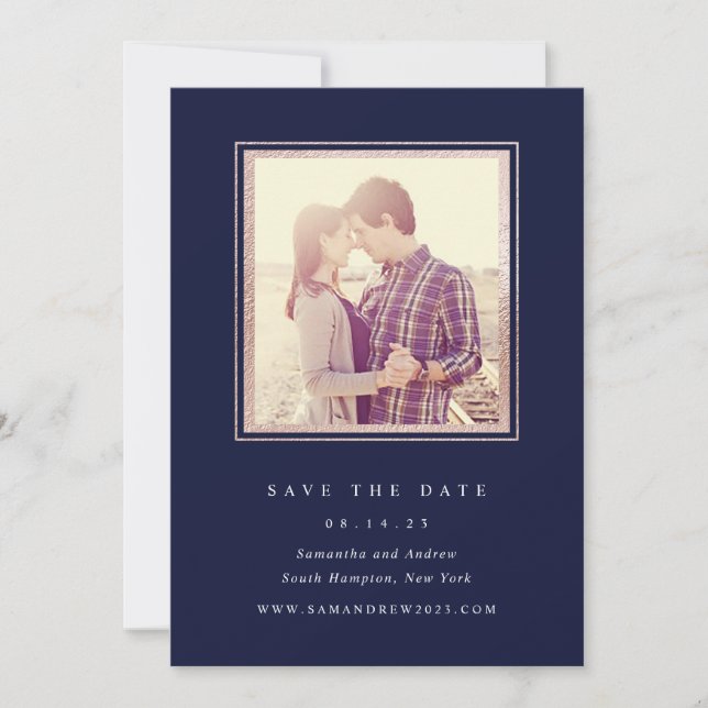 Rose Gold and Navy Photo Save The Date (Front)