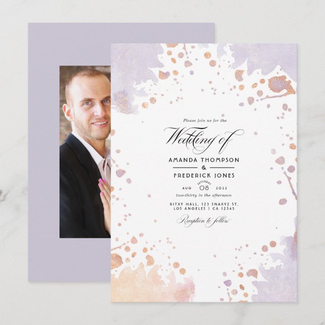 Rose Gold and Pastel Purple Paint Splatter Wedding Invitation (Front/Back)