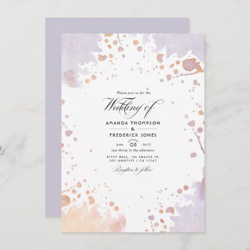 Rose Gold and Pastel Purple Paint Splatter Wedding Invitation