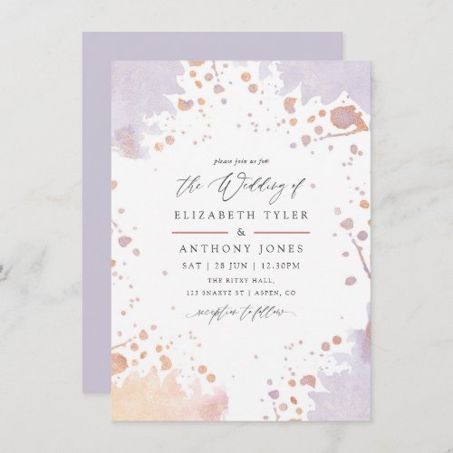 Rose Gold and Pastel Purple Paint Splatter Wedding Invitation