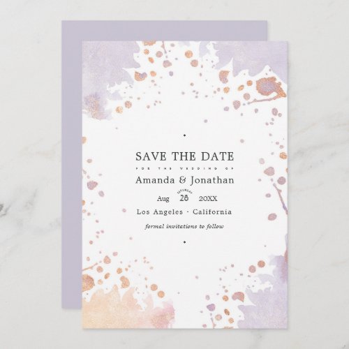 Rose Gold and Pastel Purple Paint Splatter Wedding Save The Date