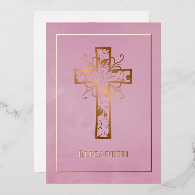 Rose Gold and Pink Baptism or Christening Filigree Foil Invitation (Front/Back)