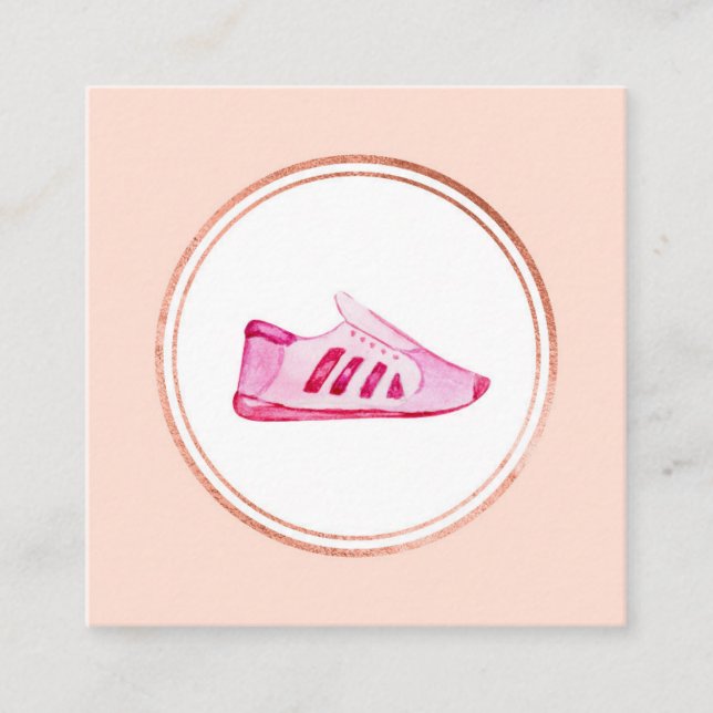 Rose Gold and Pink Fitness Instructor Media Icon Square Business Card (Front)