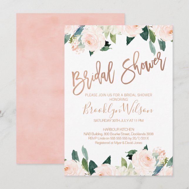 Rose Gold And Pink Floral Bridal Shower Invitation (Front/Back)