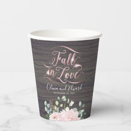Rose Gold and Pink Floral Rustic Fall in Love Paper Cups