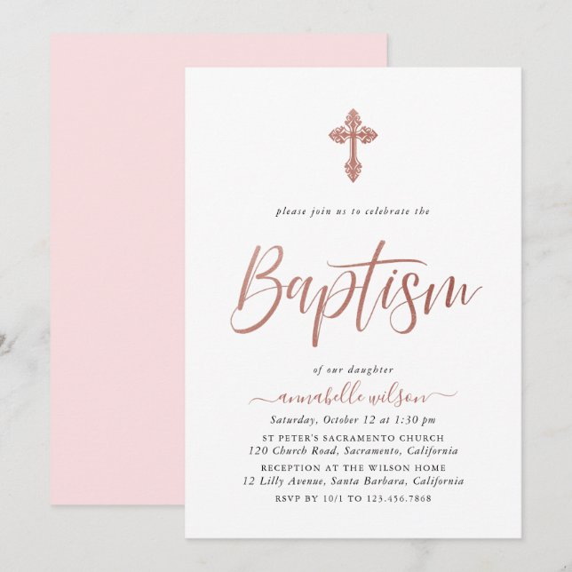 Rose Gold And Pink Girl Baptism Invitation (Front/Back)