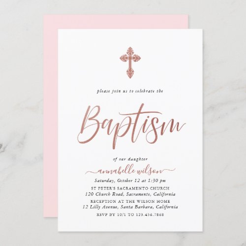 Rose Gold And Pink Girl Baptism Invitation