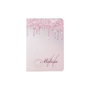 rose gold and pink glitter monogram passport holder