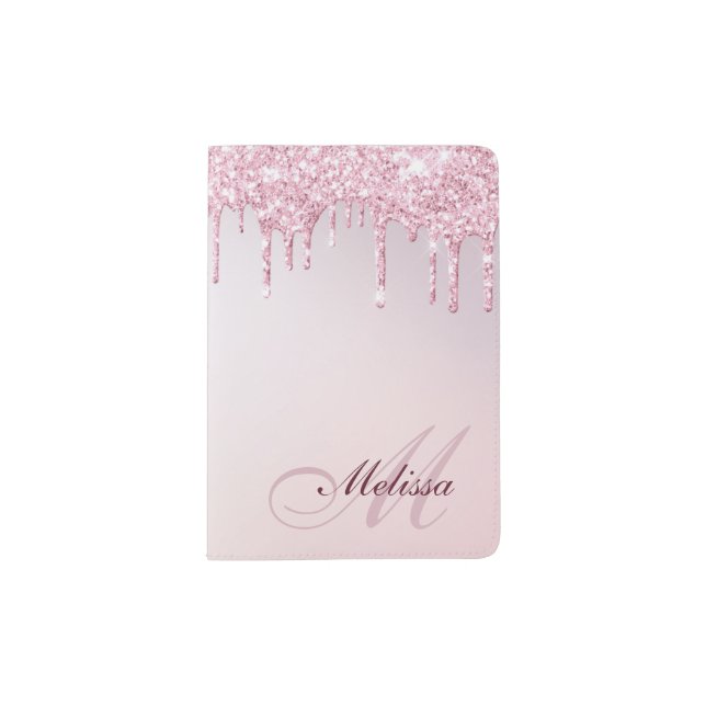rose gold and pink glitter monogram passport holder (Front)