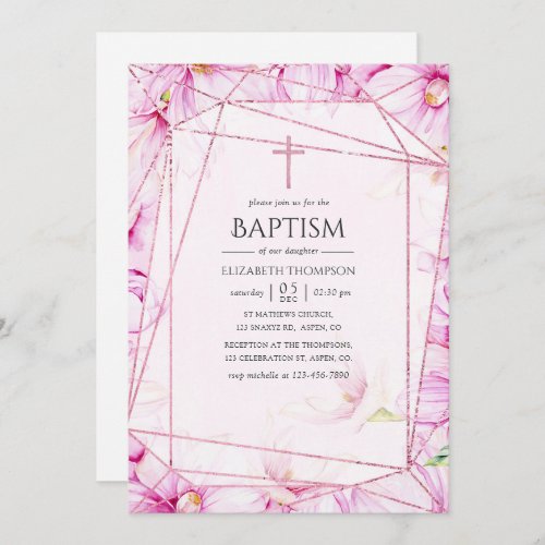 Rose Gold and Pink Magnolia Geometric Baptism Invitation