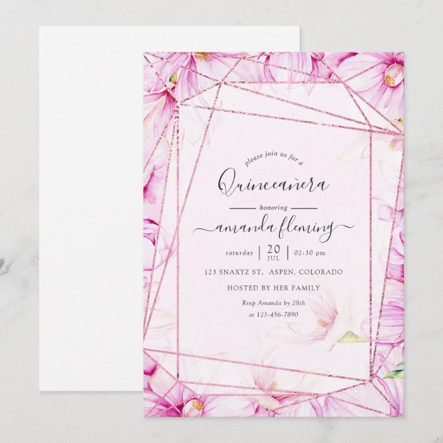 Rose Gold and Pink Magnolia Geometric Quinceañera Invitation (Front/Back)