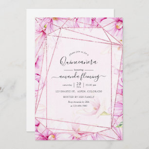 Rose Gold and Pink Magnolia Geometric Quinceañera Invitation